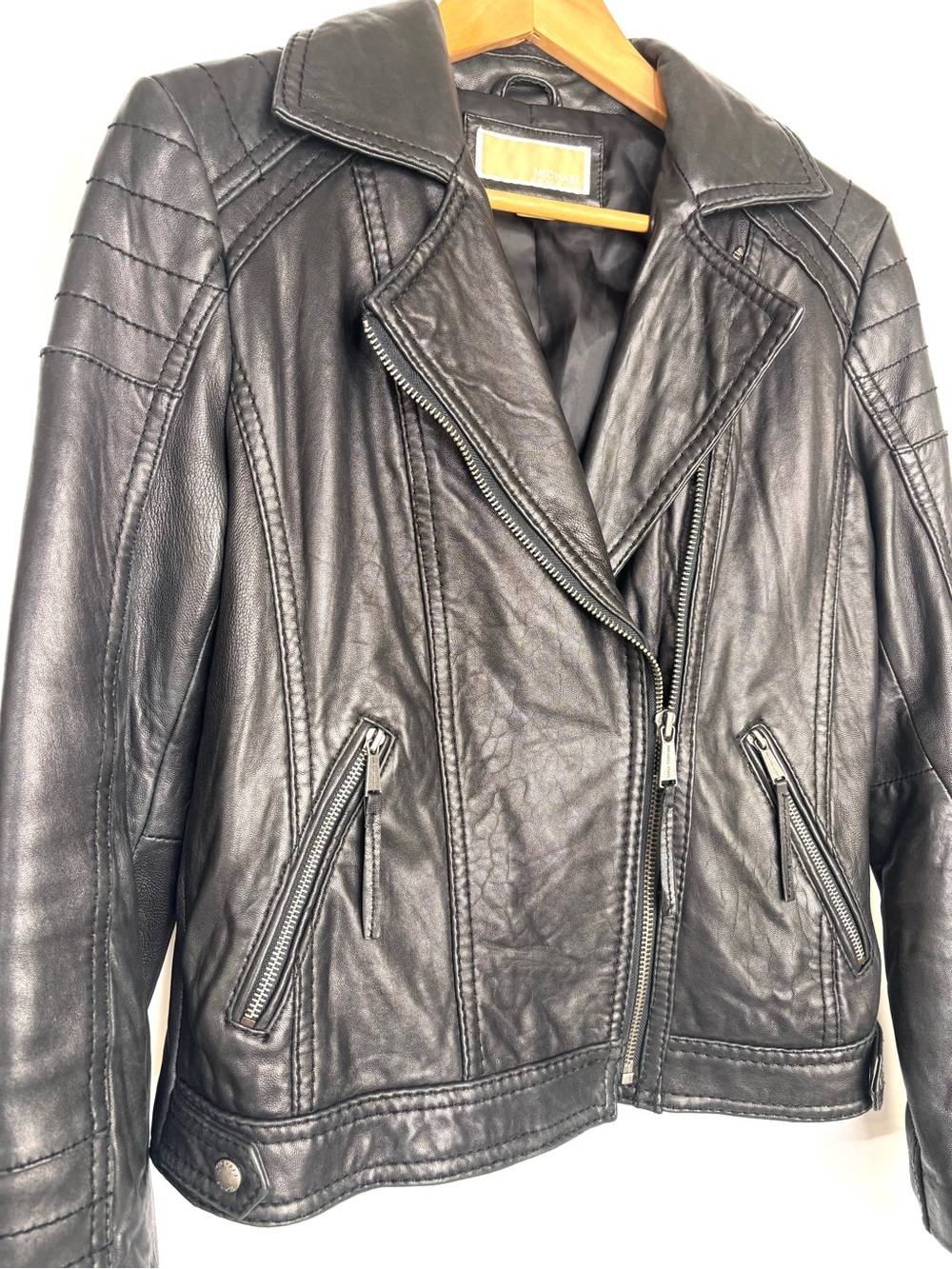 Michael Kors Black Leather Asymmetric Zip Moto Jacket M - Picture 10 of 11